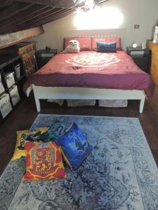 布拉恰诺Il Paiolo Incantato的卧室配有一张床和两个袋子,位于地板上