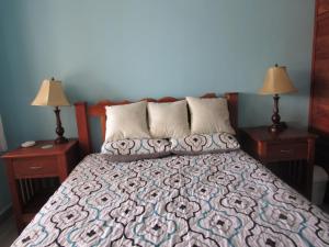 拉斯拉哈斯Casa Pacifico Panama的一间卧室配有一张床、两个床头柜和两盏灯。