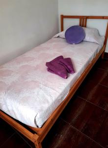 巴尔韦尔德Mi Parchita的一张带白色床单和紫色枕头的床