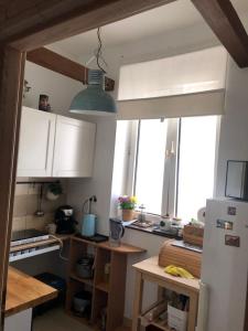 克拉科夫Master Corner Apartment的厨房配有冰箱和桌子,部分设有窗户。