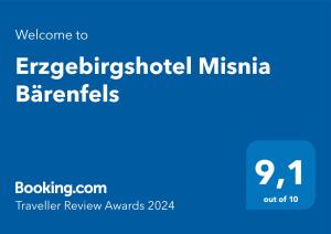 Erzgebirgshotel Misnia Bärenfels的证书、奖牌、标识或其他文件