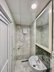 安塔利亚Cozy Midtown Flat in Antalya T2的带淋浴、盥洗盆和镜子的浴室