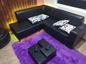 卡扬贝Hospedaje San Fernando的客厅配有黑色沙发和紫色地毯