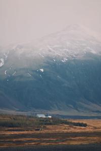 霍费德冰川世界 - 霍费尔住宿加早餐旅馆的山前有房子,有雪覆盖