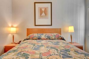 拉斯维加斯布里杰市区酒店的一间卧室配有一张床,两台桌子上放着两盏灯
