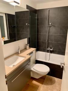 达沃斯WEF DAVOS PLATZ Centre 3,5 Apartment with Garage的浴室配有卫生间、盥洗盆和淋浴。