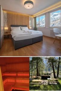 洛伊克巴德Center, Sauna, View - Haus LINARIA的一间卧室配有一张床,另一间则拥有一棵树