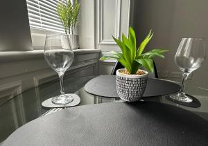 格拉斯哥Trendy West End Apartment, Glasgow的一张桌子,上面放着两杯酒,上面放着植物