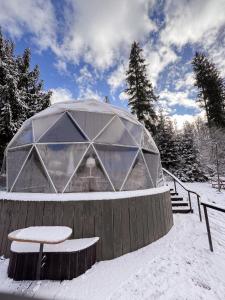 斯拉夫西克SlavskoGlamping的圆顶建筑,在雪地里设有长凳和桌子