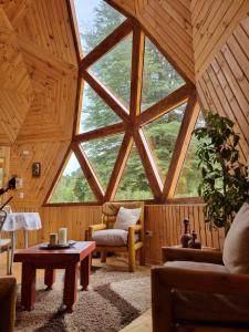 蒙特港ANGEL DOMO的客厅设有木制天花板上的大窗户