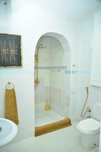 Stone TownLa Neisha Hotel Zanzibar的带淋浴、卫生间和盥洗盆的浴室