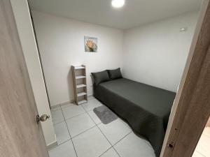 伊塔圭Joyful! Medellin Itagüi的一间小卧室,配有绿色的床和架子