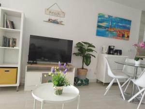 萨阿拉德洛斯阿图内斯ATLANTERRA PUEBLO的客厅配有电视和鲜花桌