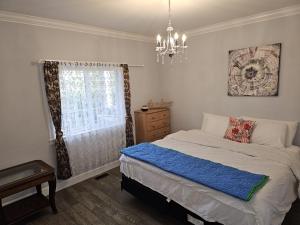 阿伯茨福德Oscar INN & 2bd Family Suite or Private Room的一间卧室配有一张床和一个吊灯