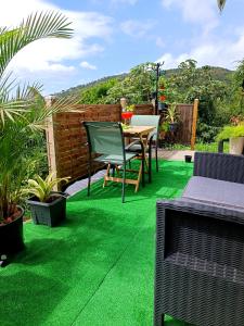 舍尔谢Poz Tropicale的一个带绿草和桌椅的庭院