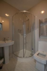 伦敦Double Modern Studio London的带淋浴、卫生间和盥洗盆的浴室