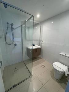 金斯顿Governor Place - Executive Central Apartment的一间带玻璃淋浴和卫生间的浴室