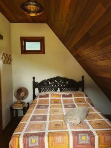 上大瓦尔任Chalé Casa em Vargem Alta的一间卧室设有一张带木制天花板的大床