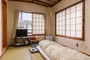 东京三河屋旅馆的一间卧室设有一张床、一台电视和窗户。