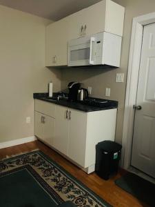 哈利法克斯RoseT的厨房配有白色橱柜和微波炉