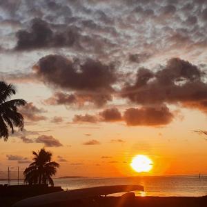LevukaNew Mavida Lodge的棕榈树和大海的海滩上的日落