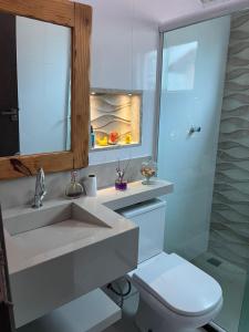 圣佩德罗-达阿尔德亚casa sao pedro da aldeia的一间带水槽、卫生间和镜子的浴室