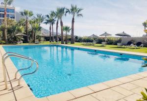 直布罗陀Lovely & Cosy Deluxe Home in Gibraltar的一座棕榈树环绕的大型游泳池