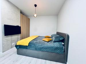 里加Cozy apartments的一间卧室配有一张带蓝色床单和黄色枕头的床。
