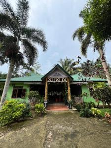 武吉拉旺Wisma Batu Mandi and offers jungle tours的一座绿屋,前面有棕榈树