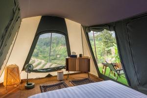 清迈CAMP CAYLA - STELLAR的一个带大窗户的帐篷内一间卧室,配有一张床