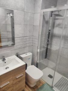 Las CortsLovely Flat Fira Barcelona的带淋浴、卫生间和盥洗盆的浴室