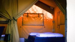 贝尔多夫Safari Tent XL Camping Belle-Vue的帐篷内的一张床位,配有两个白色枕头
