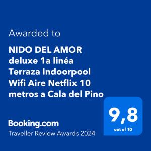 拉曼加戴尔马尔梅纳NIDO DEL AMOR deluxe 1a linéa Terraza Indoorpool Wifi Aire Netflix 10 metros a Cala del Pino的手机的截图,上面写着“nido del amor”这个词,包括: