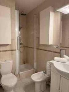 多维尔Le Longchamp的浴室配有卫生间、盥洗盆和淋浴。