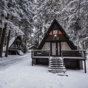 波罗维茨贾戈达马利纳别墅酒店的雪地里的小小屋,有两把长椅