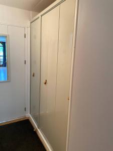 蒙热内夫尔Résidence l'olympia的一间设有白色橱柜和窗户的客房