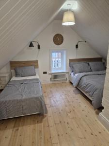 亨斯坦顿Beach Penthouse, Hunstanton Norfolk的阁楼卧室设有两张床和墙上的时钟