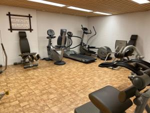圣莫里茨Ferienapartment in Bestlage in Sankt Moritz的一间健身房,里面设有数个健身器材