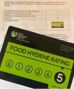 HartleyThe Waterford Arms的食品卫生评级盒,食品卫生评级收据