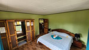拉迪格岛Lianita's Cottage (Selfcatering)的一间卧室设有床铺和绿色的墙壁