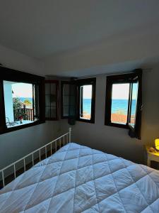 阿吉奥斯伊欧尼斯Aegean View House的一间卧室设有一张床,享有海景