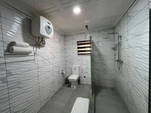 阿布贾UrbaN RootZ的白色的浴室设有卫生间和淋浴。