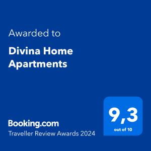 卡拉德米哈斯Divina Home Apartments的蓝色的屏幕,文字被授予 divina 家庭公寓
