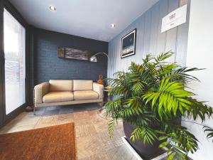 滨海索尔海姆Modern Seaside Townhouse feat Sauna near Brighton的带沙发和植物的客厅