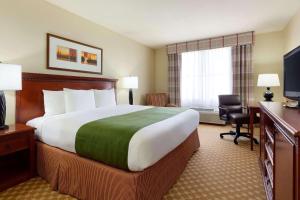 吉列吉莱特卡尔森江山旅馆&套房酒店的酒店客房设有一张大床和一张书桌。