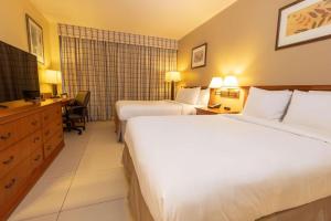 巴拿马城Radisson Hotel Panama Canal的酒店客房配有两张床和一张书桌