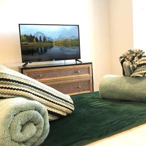 特罗布里奇Spacious and Stylish Flat in Trowbridge, Wiltshire的一间卧室设有平面电视和一张床。
