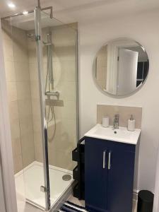 特罗布里奇Spacious and Stylish Flat in Trowbridge, Wiltshire的带淋浴、盥洗盆和镜子的浴室