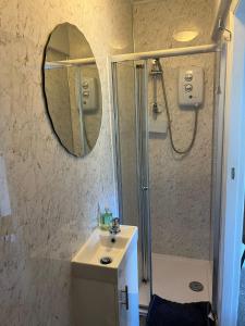 凯西克Babbling Brook Guesthouse的带淋浴、盥洗盆和镜子的浴室