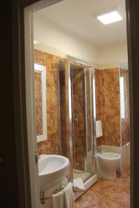 奥尔比亚中央酒店的一间带水槽、淋浴和卫生间的浴室